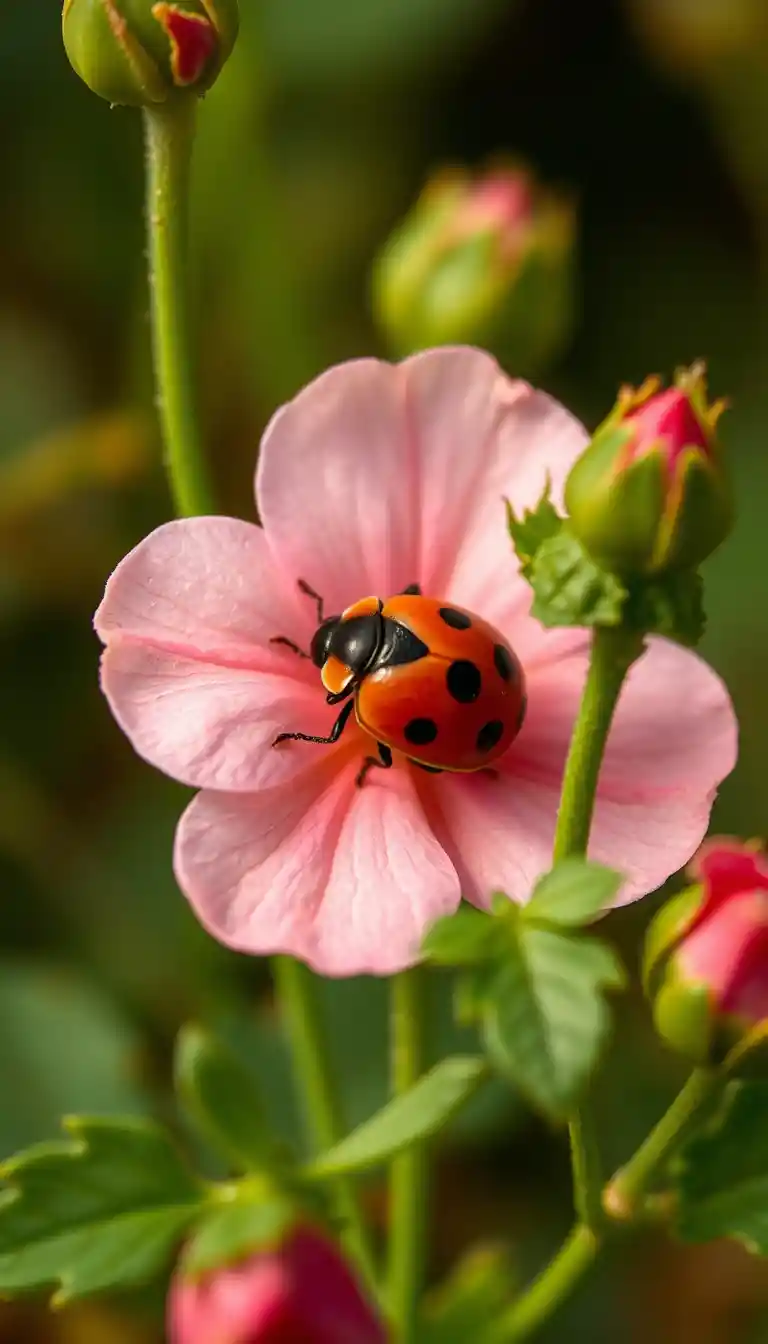 Morning dew on grass with a ladybug drinking quietly