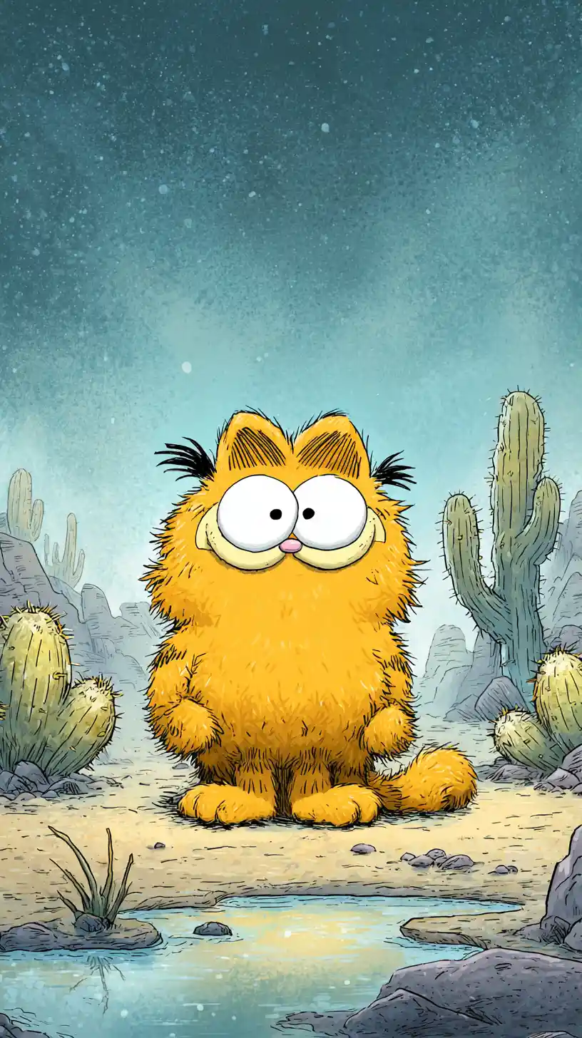 Cheerful Cartoon Cat Smiling In A Desert Moonlit Night