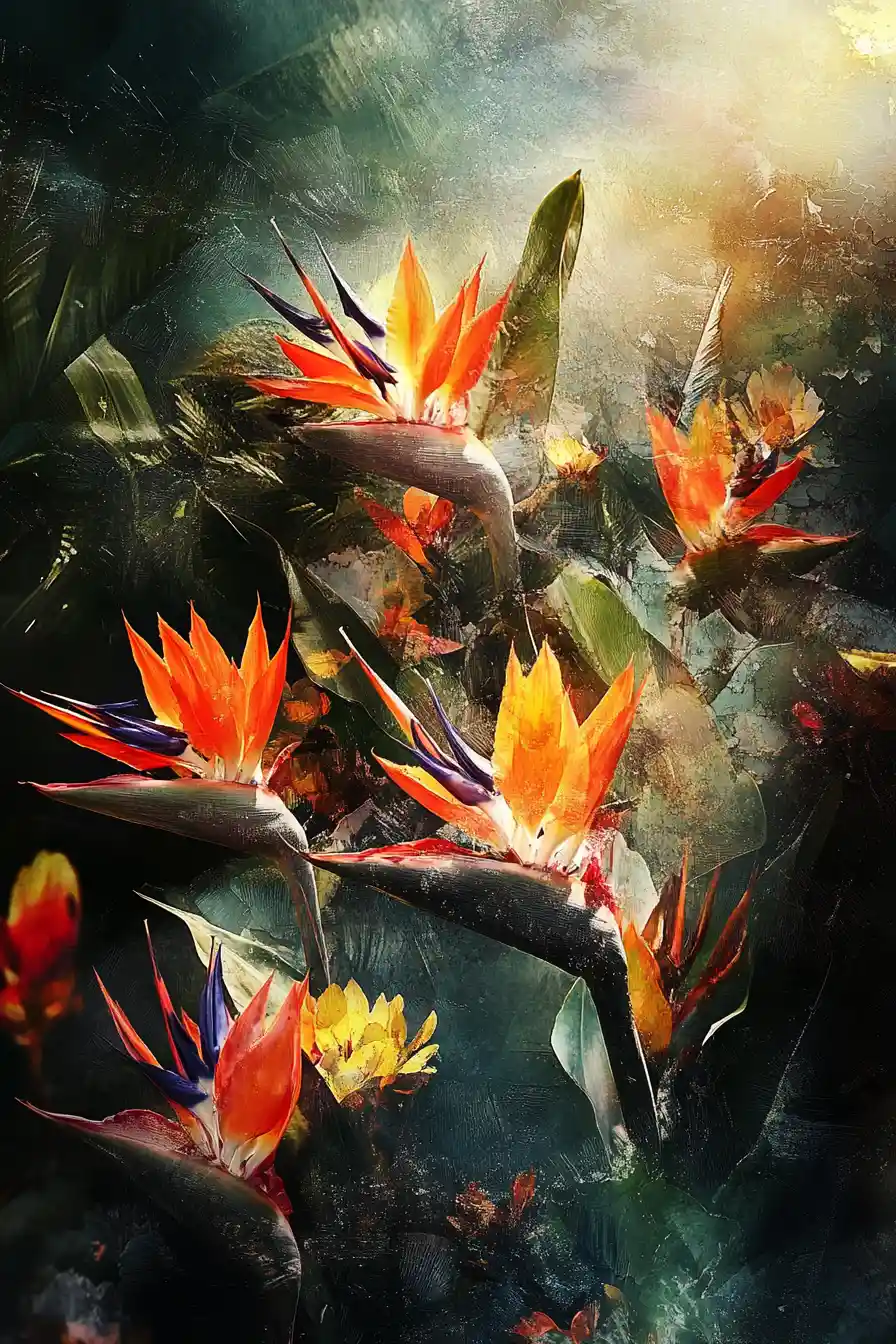 Pintura impresionista de flores ave del paraíso en colores de ensueño