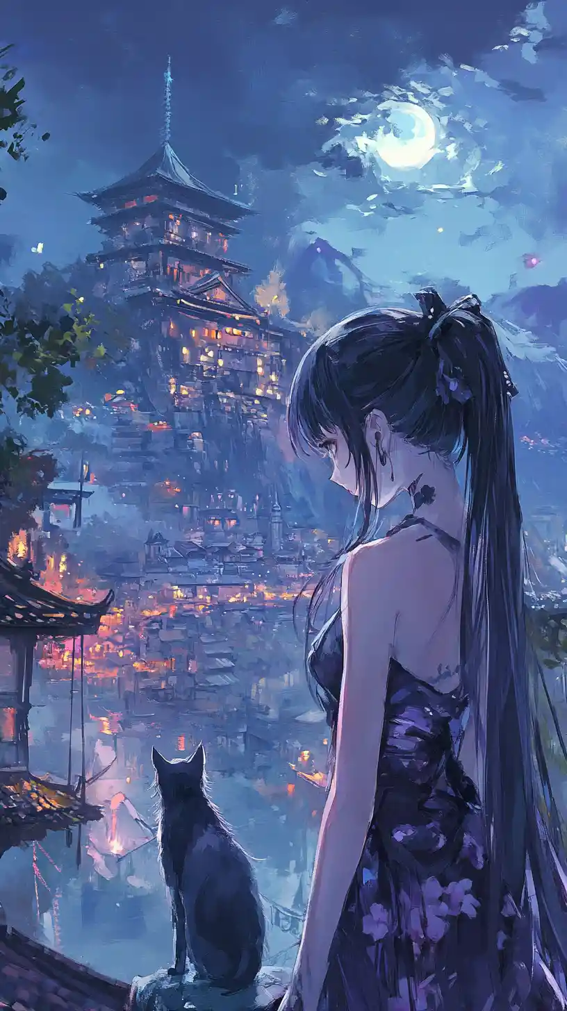 Ragazza strega anime con gatto nero sotto il cielo notturno