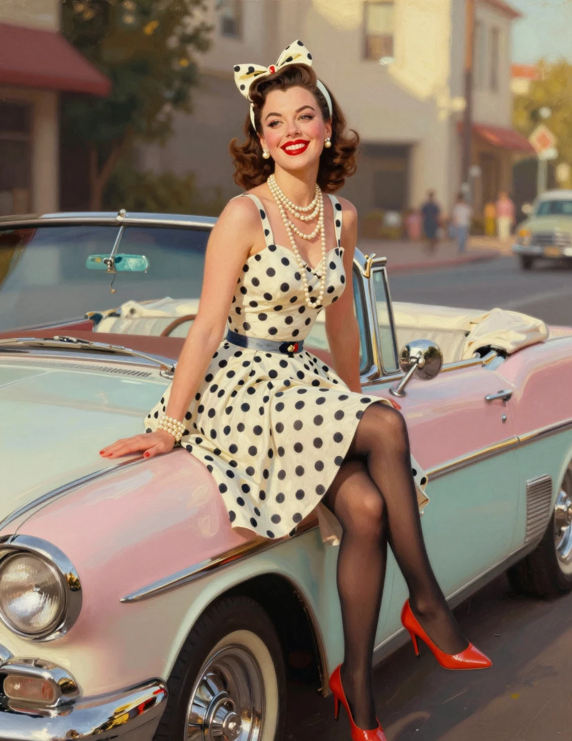 Vintage pin up woman on classic convertible car hood