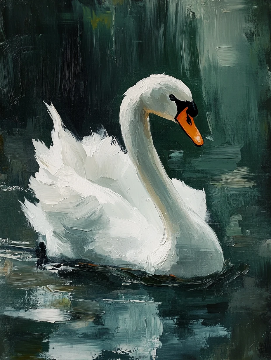 Graceful white swan swimming against dark abstract backdrop