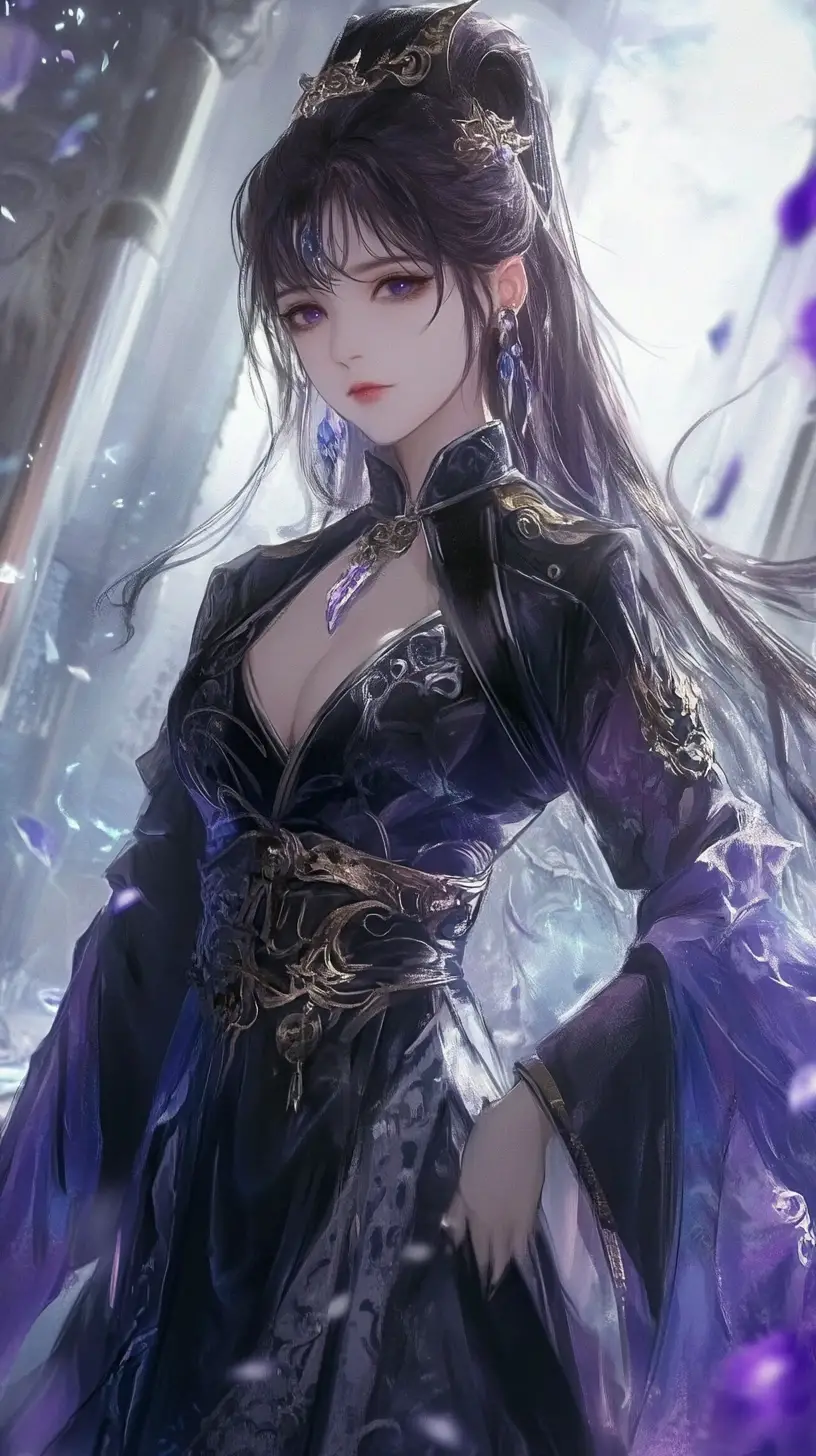 Anime scythe girl in black and purple under moonlit sky