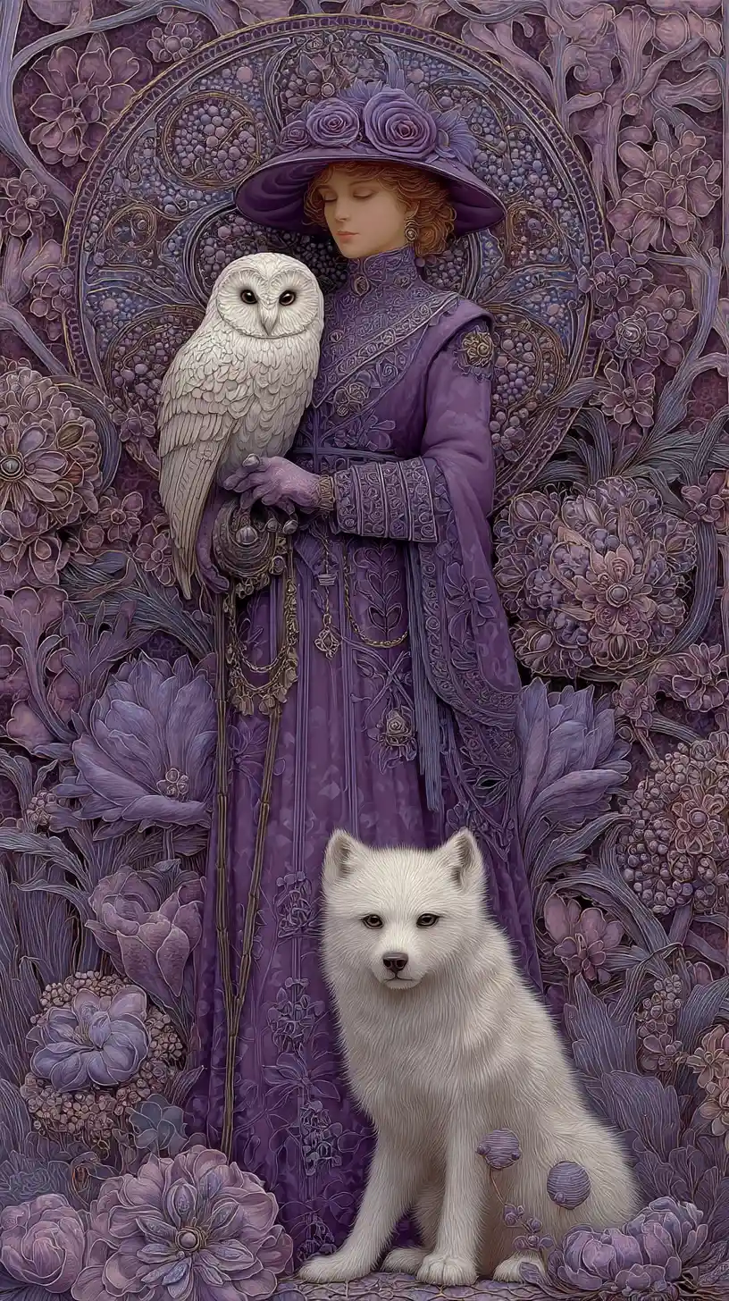Elegant fantasy woman with owl and wolf companion