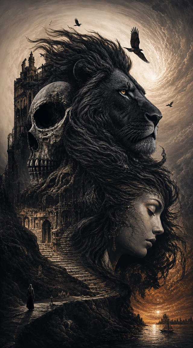 Ilusión surrealista de un león negro en un espacio abstracto y onírico