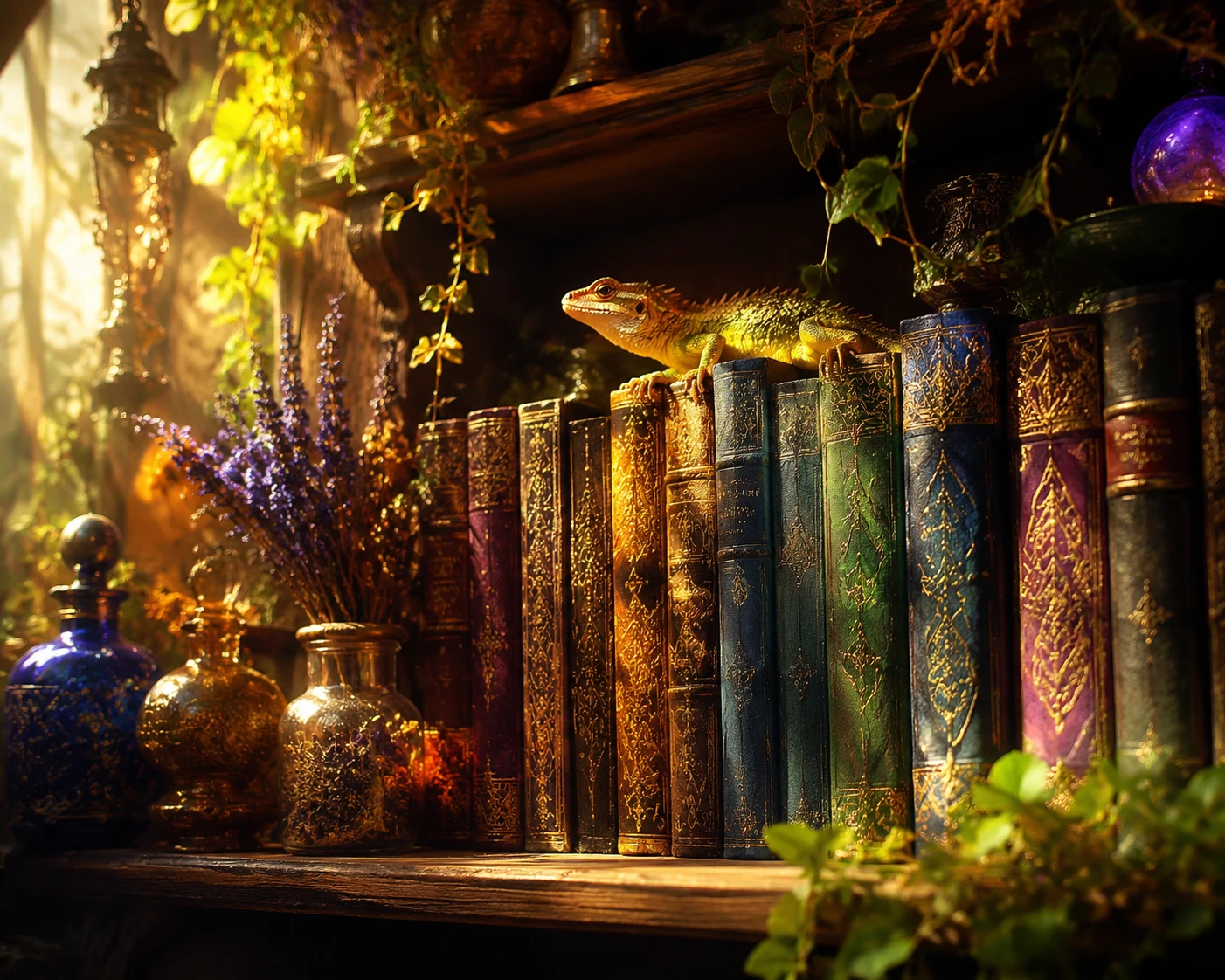 Magical bookshelf of gilded books and herbs in warm sunlight