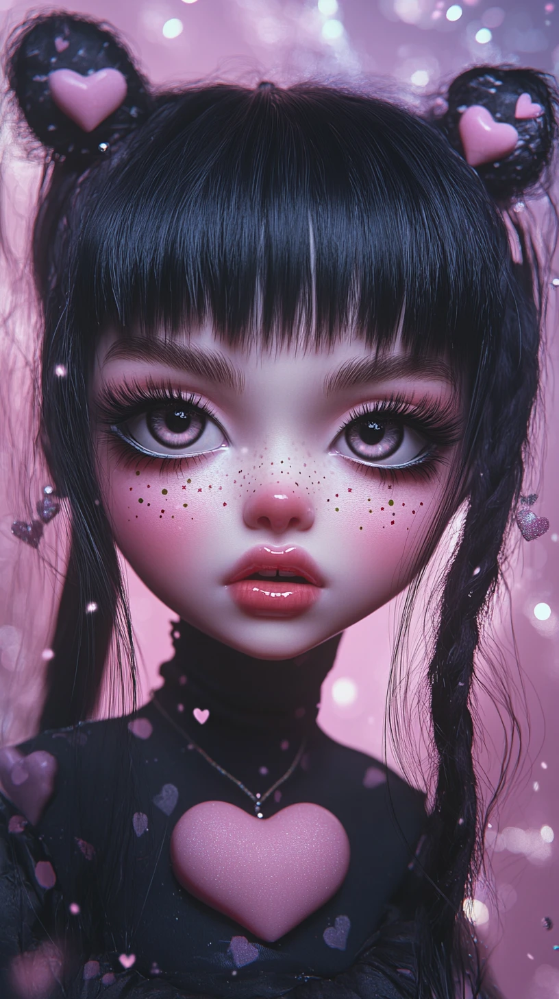 Pastel big eyed doll girl with candy and hearts