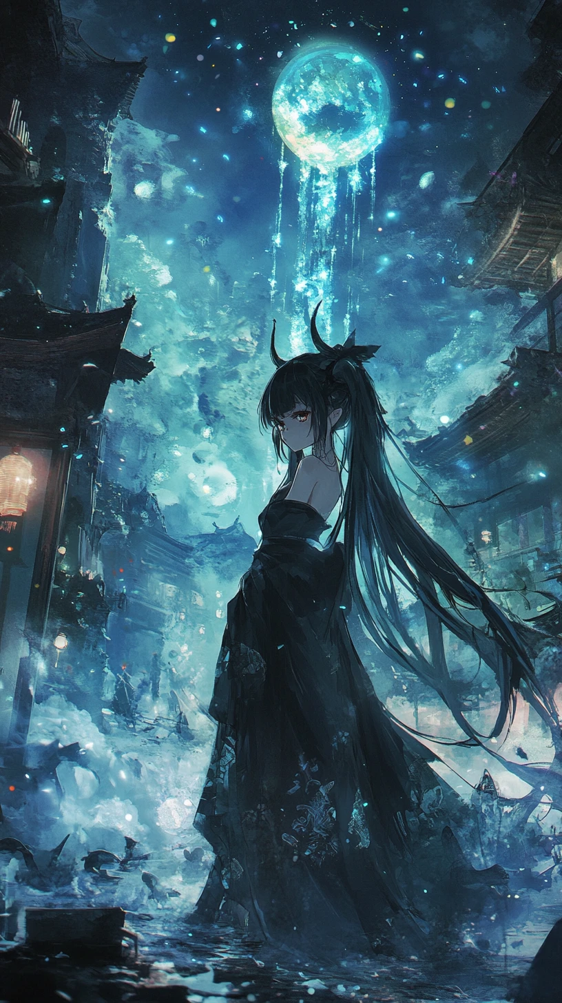 Anime girl with dragon tail floating in sunlit water
