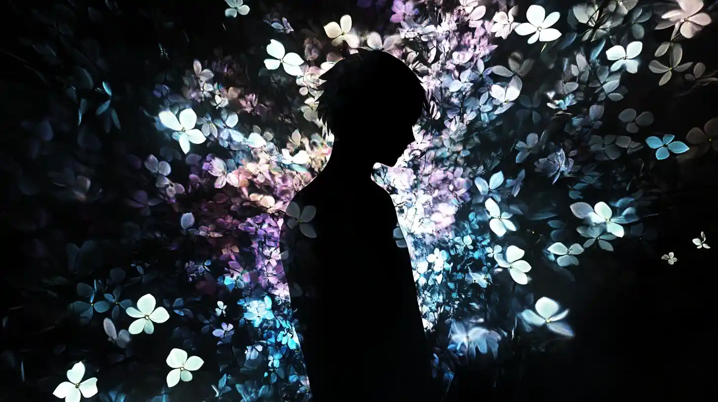 Leuchtende Blumen, die die Silhouette eines abwesenden Wesens umkreisen