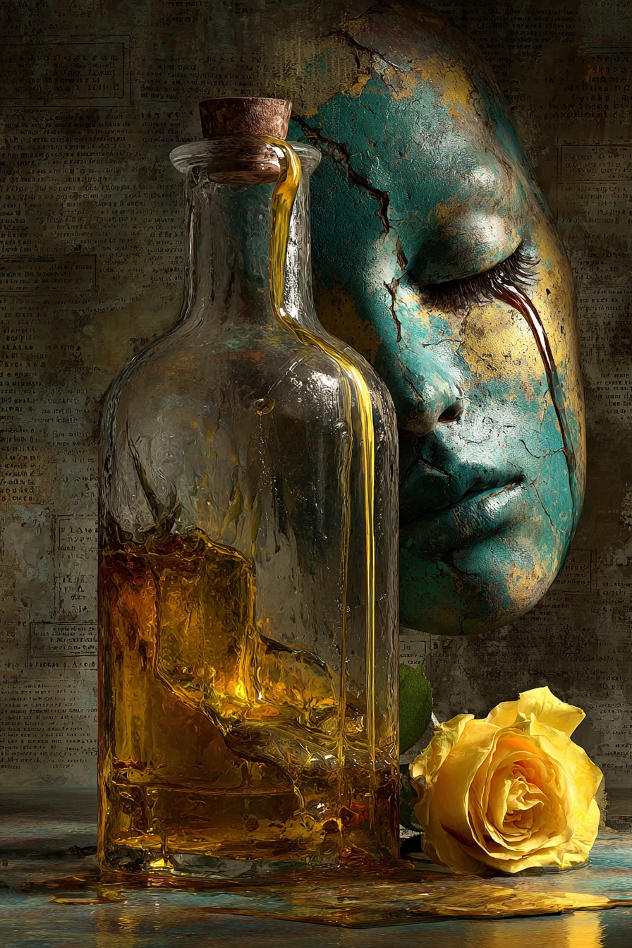 Surreal glass bottle still life with pouring liquid