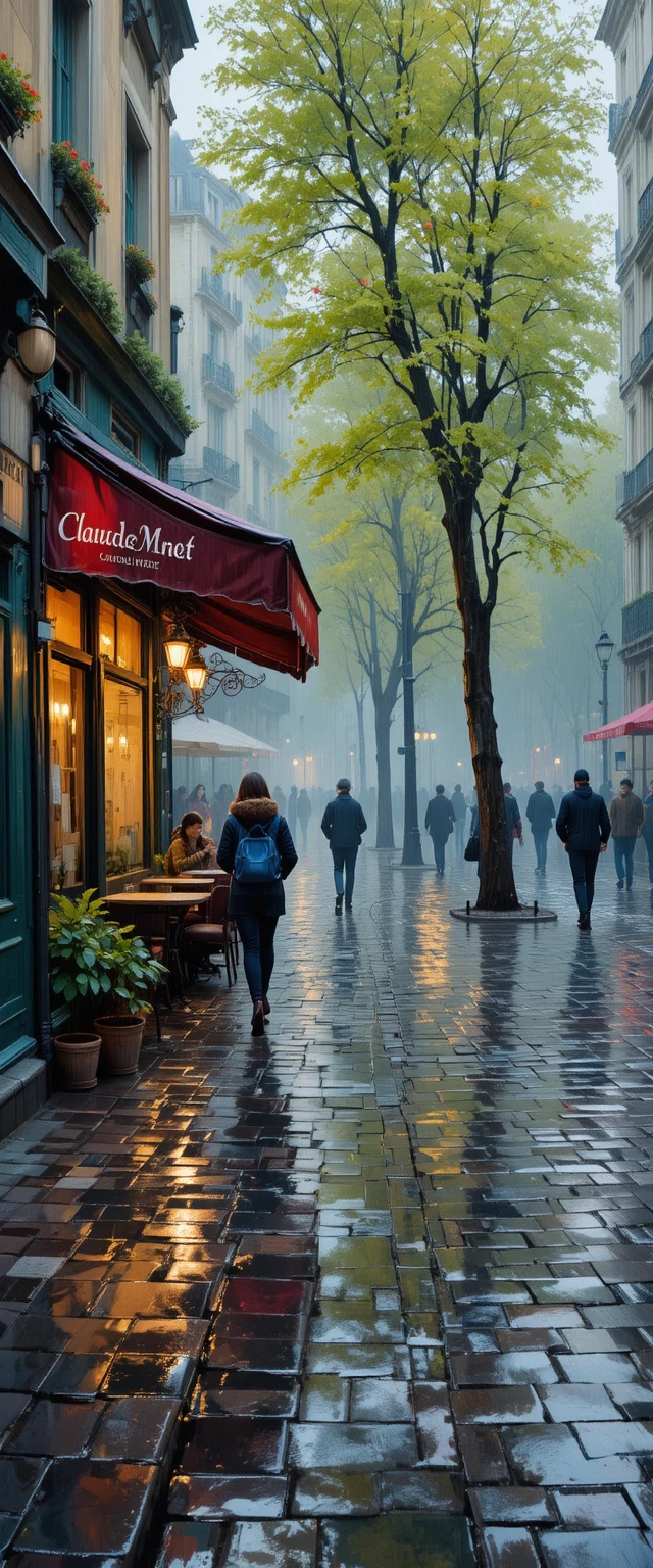Parisian café and wet cobblestone street in spring rain