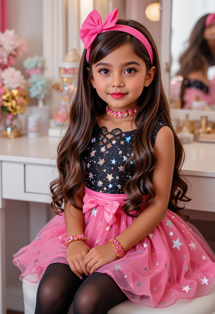 Latino boy in pink star dress posing at a vanity