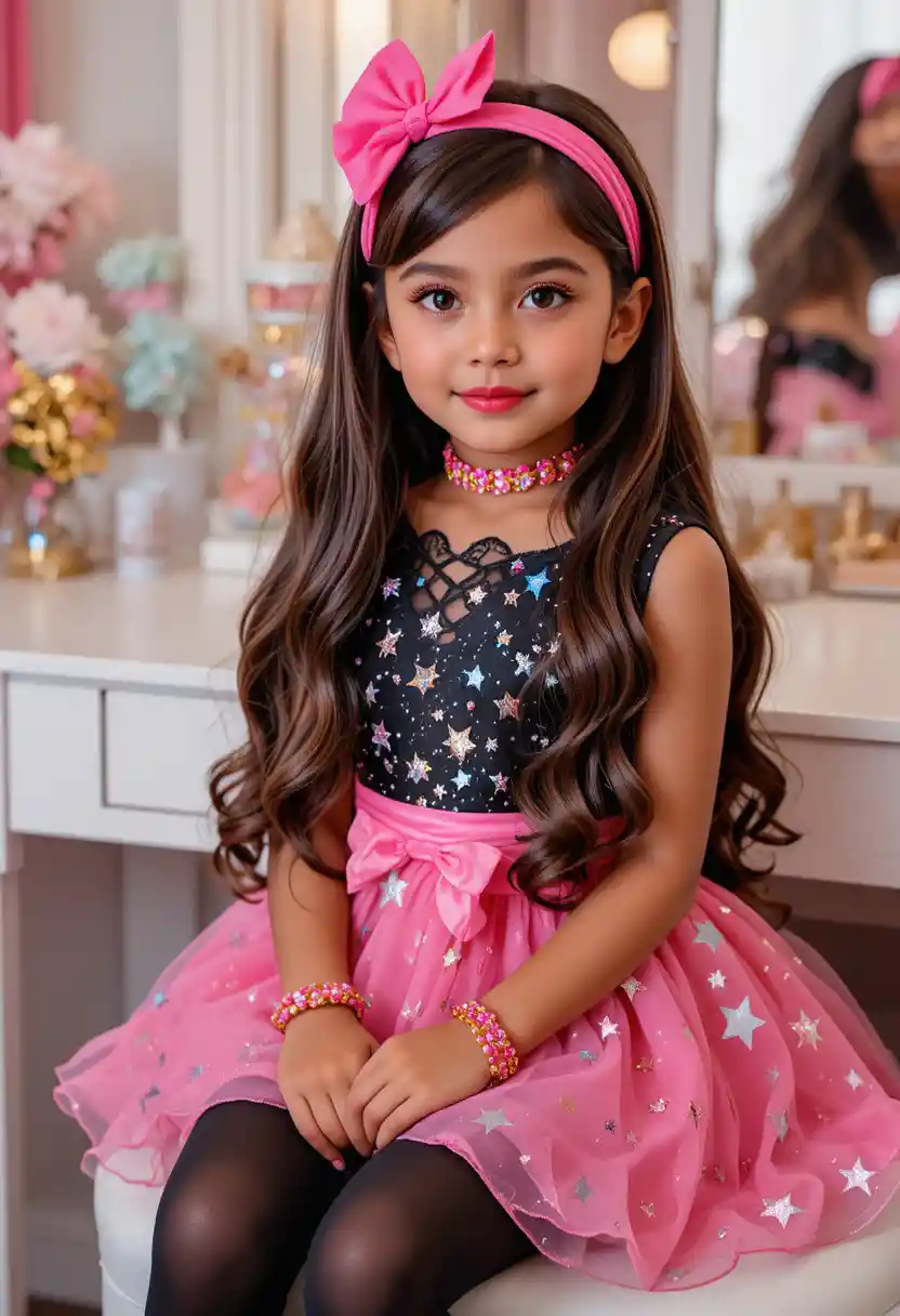 Latino boy in pink star dress posing at a vanity