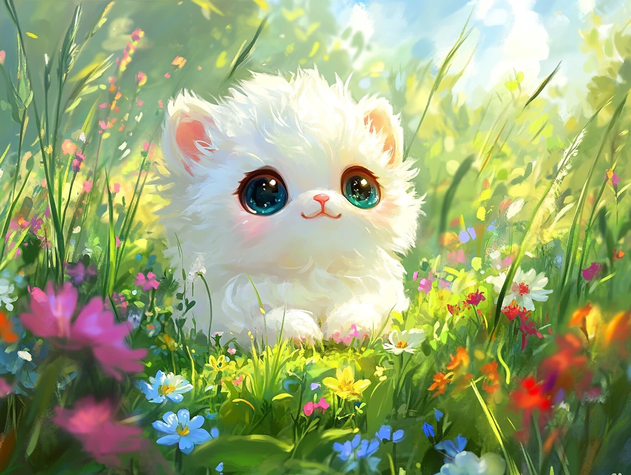 Adorable White Baby Animal In Sunny Green Meadow