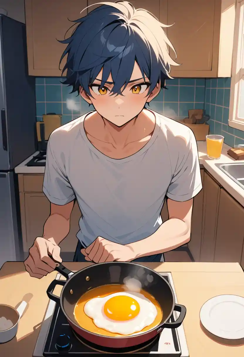 Young man cooking a single fried egg in a small kitchen