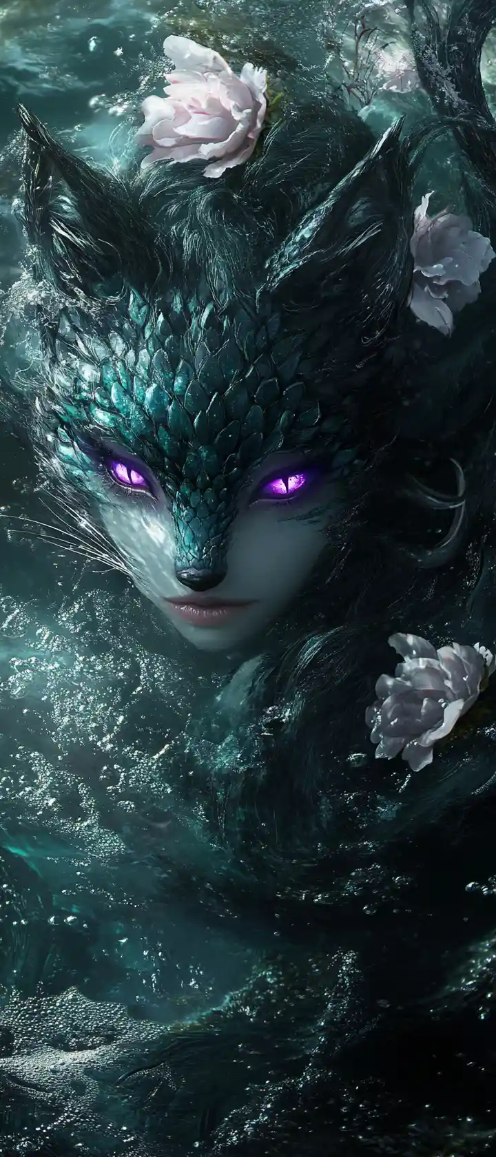 Anthropomorphic Fox Woman With Teal Scales Swimming In Ocean
