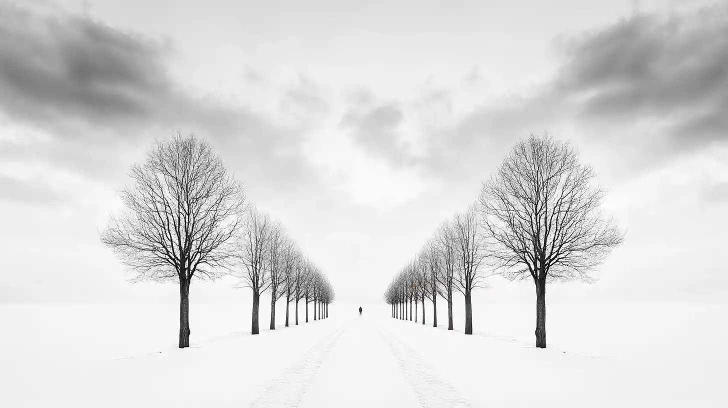 Solitary figure on straight path through barren tree corridor