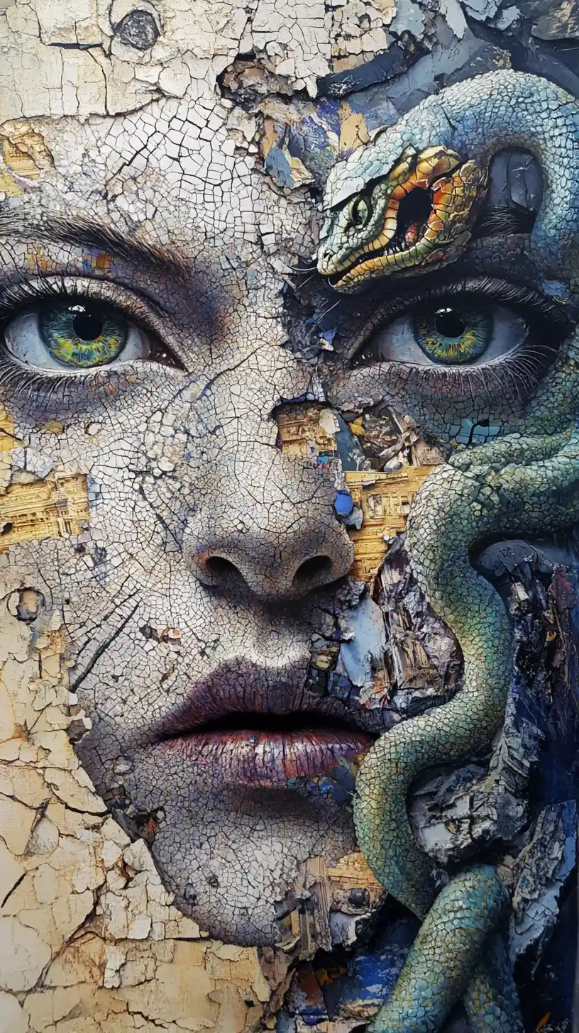 Surreal fragmented face made of eyes serpents and landscapes