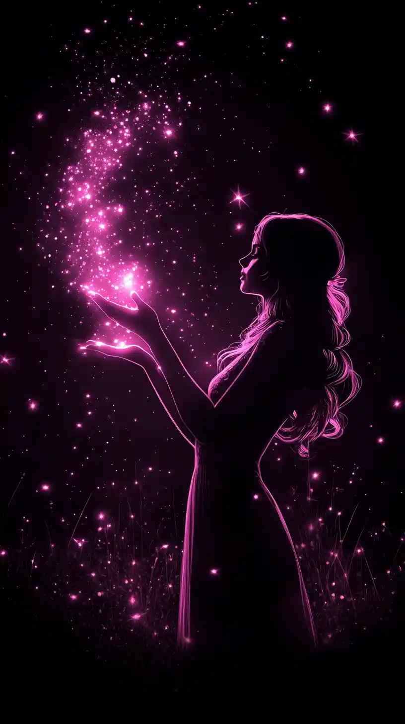 Glowing Fairy Silhouette Releasing Luminous Dust And Fireflies
