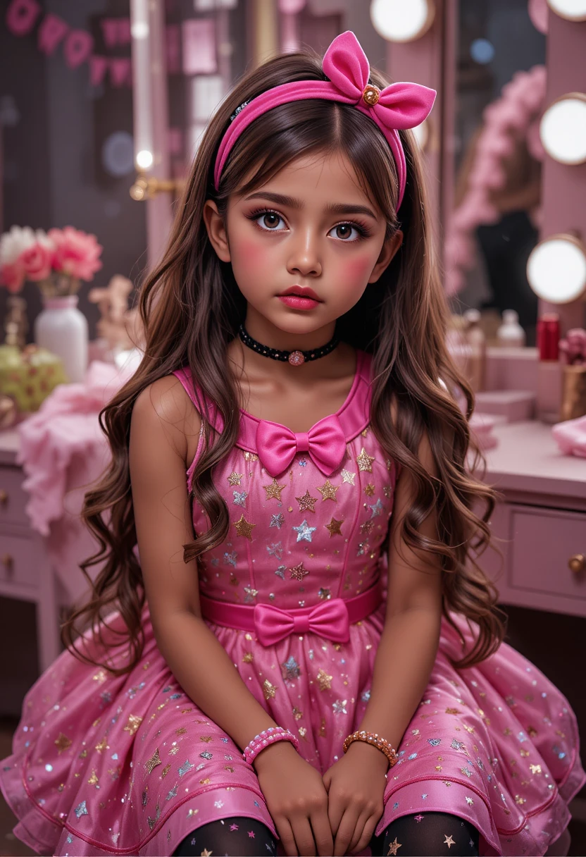 Anime tween girl in pink star dress at vanity