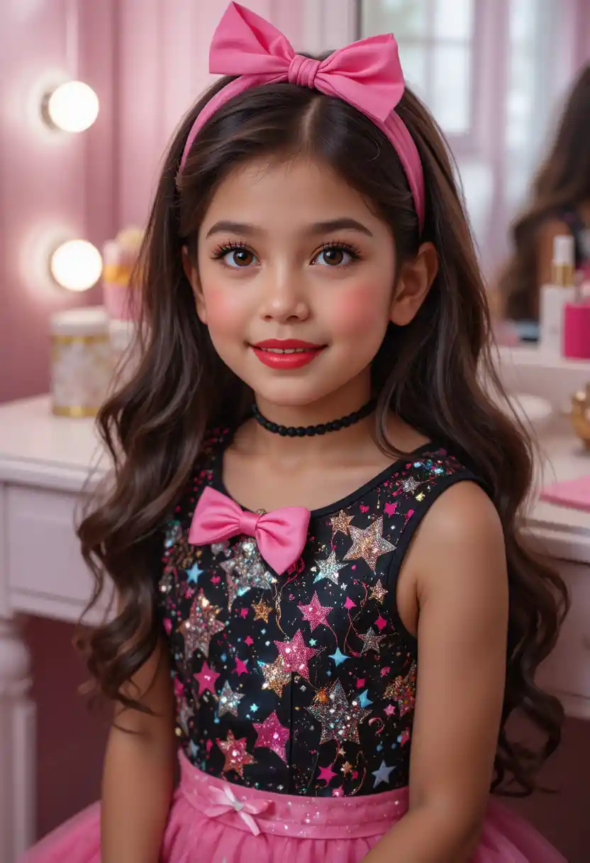 Latino tween in pink star dress posing at vanity table