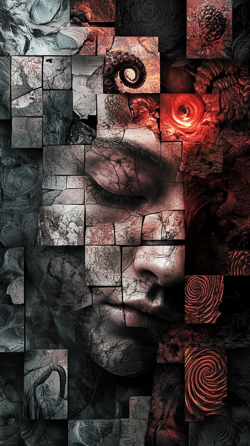 Surreal Face Dissolving Into Chaotic Panel Grid Artwork