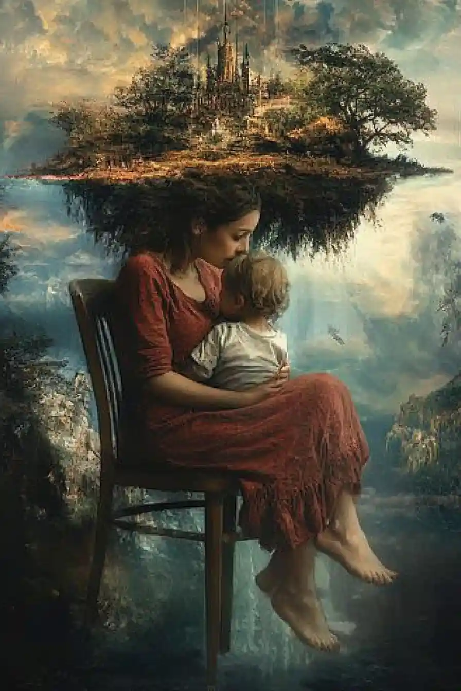Surreal illusion of a mother and child in shifting forms