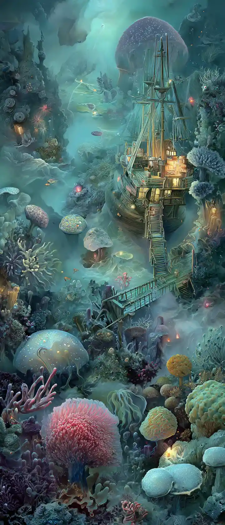 Surreal nautical dreamscape with musical elements underwater