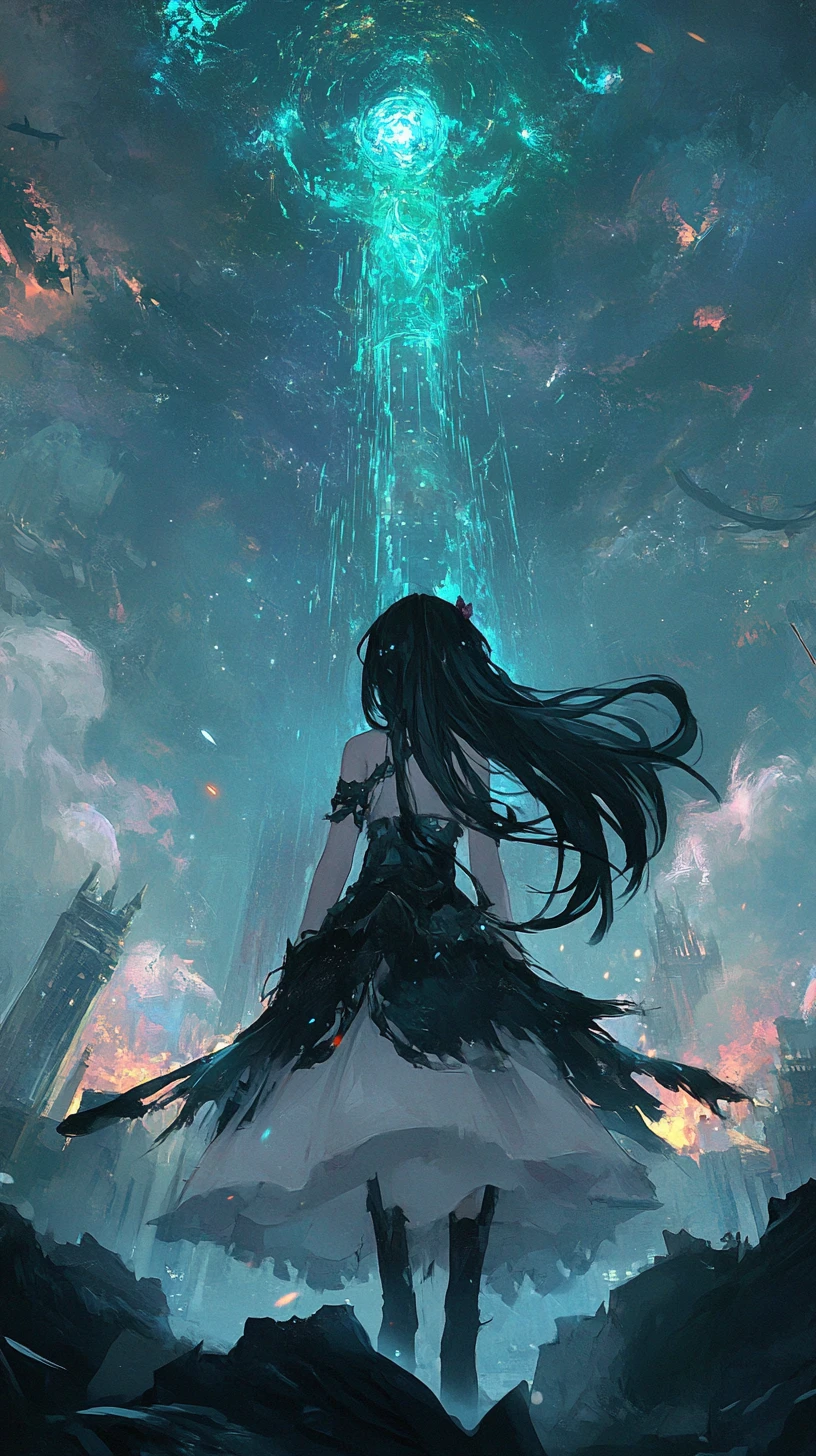 Fille d’anime flottante à queue de dragon tendant la main vers la lumière du soleil