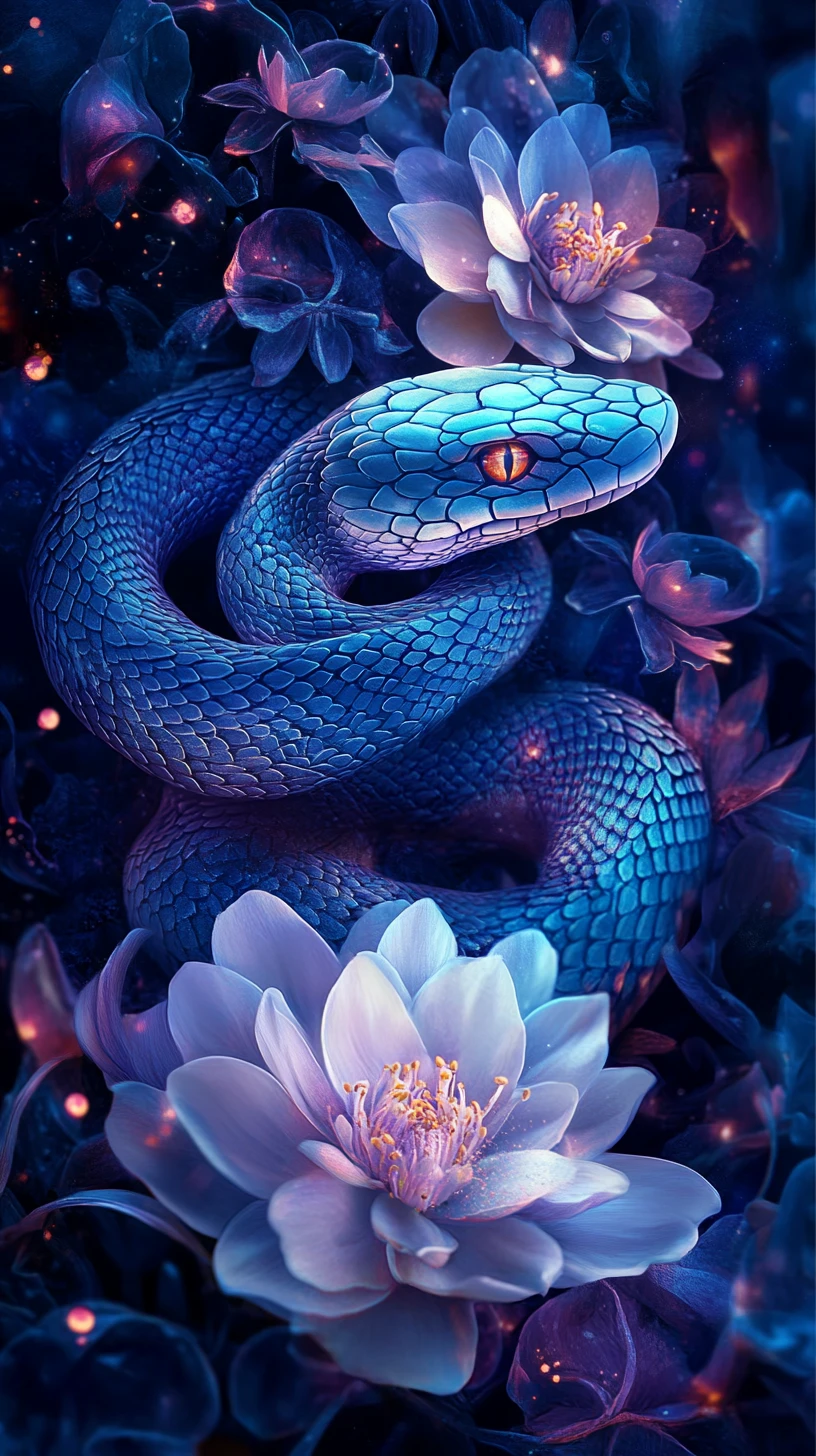 Serpiente de neón que se enrolla entre flores nocturnas brillantes