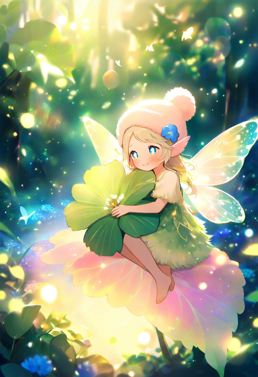 Tiny fairy hugging a blue flower in glowing forest bokeh