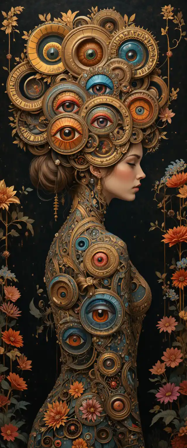 Surreal portrait of a woman with ornate golden hair and eyes