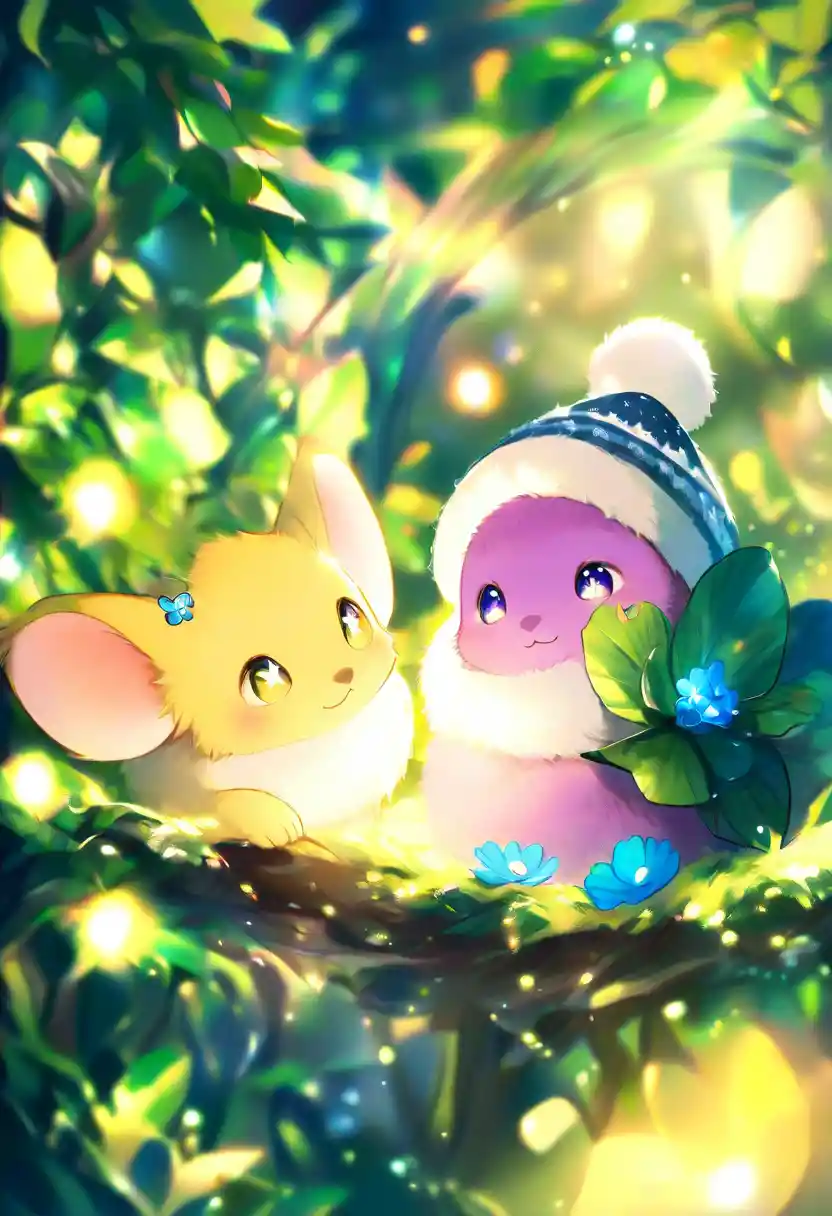 Tiny fluffy creatures on a leaf in a glowing forest
