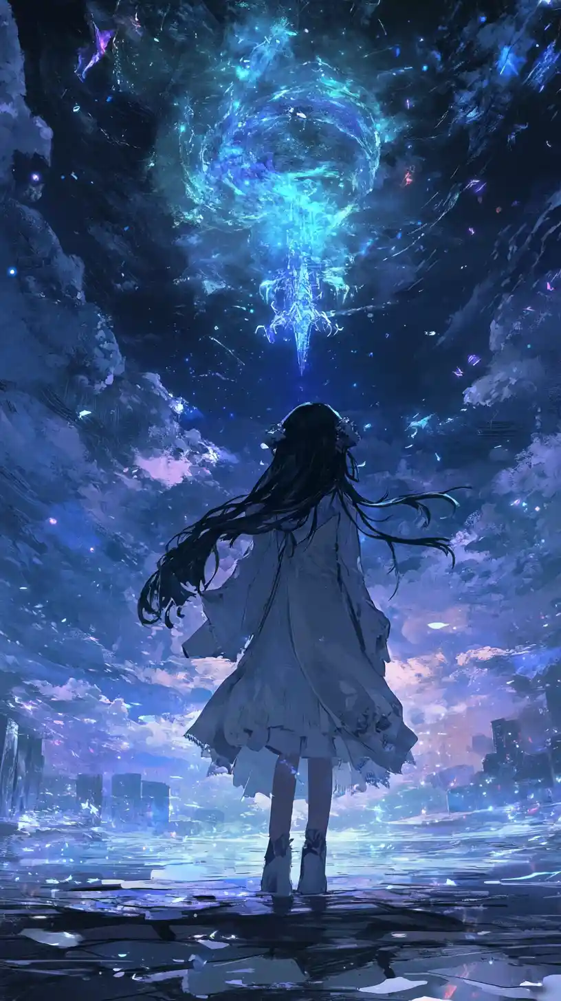 Anime girl with dragon tail floating in sunlit water