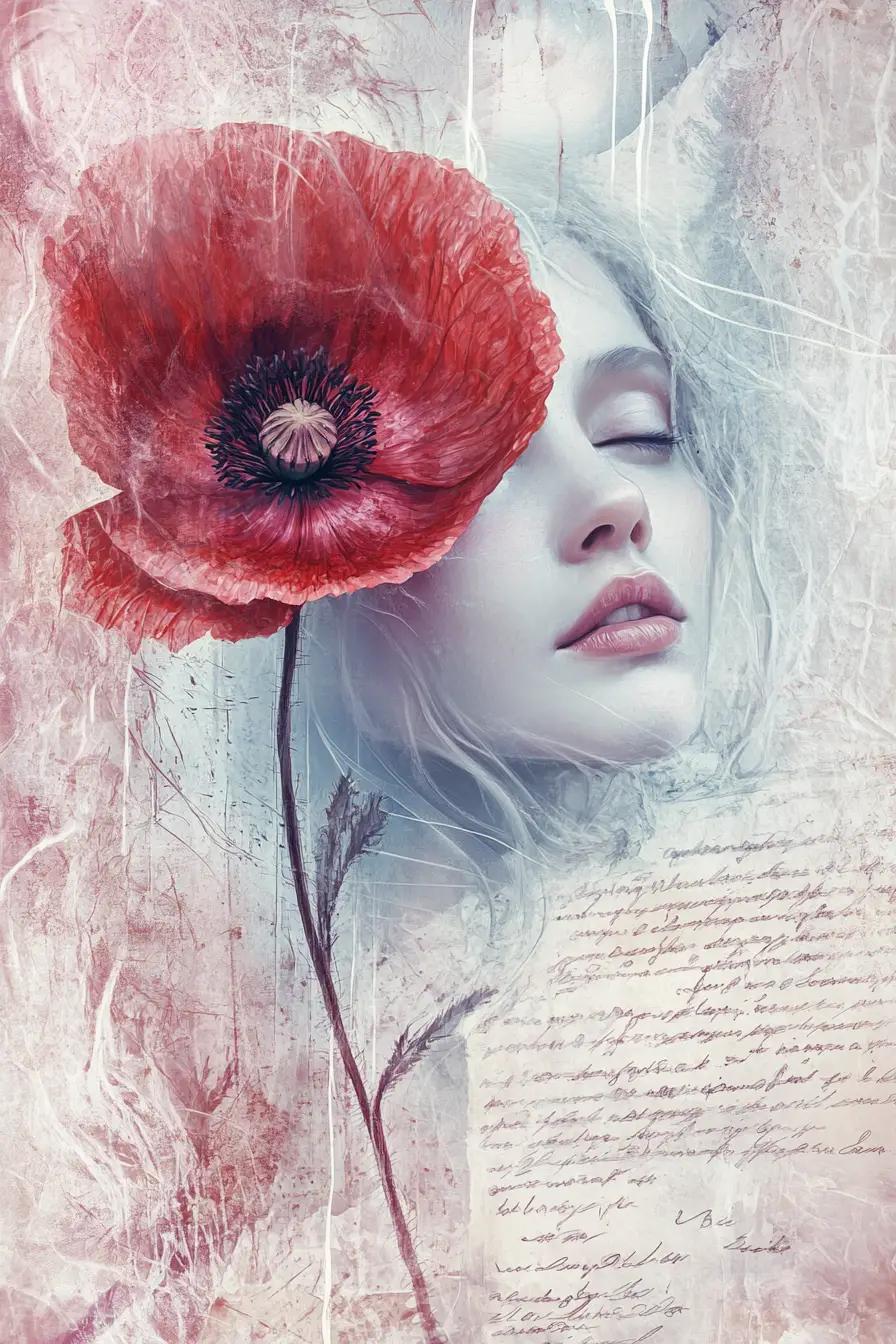 Surreal woman and red poppy in dreamy mist