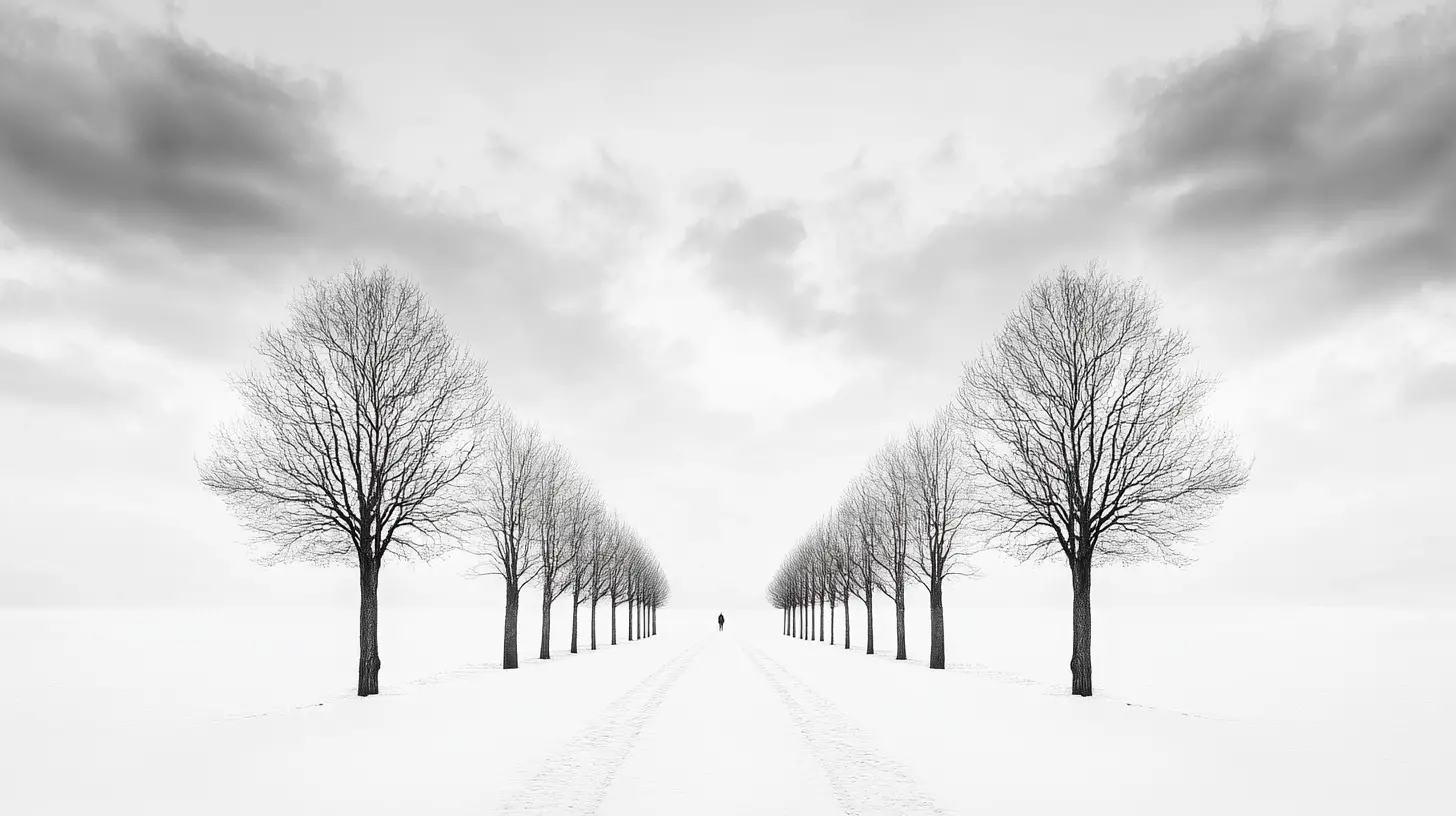 Figura solitaria su un sentiero rettilineo tra un corridoio di alberi spogli