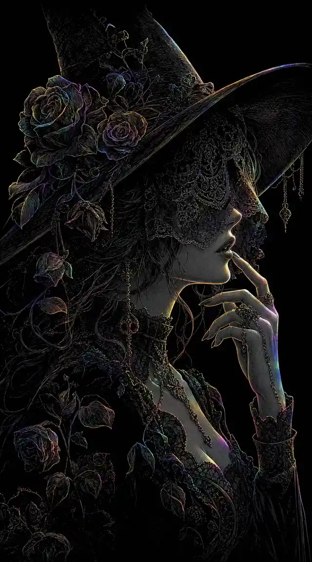 レースのベールと薔薇を纏った横顔のゴシック魔女