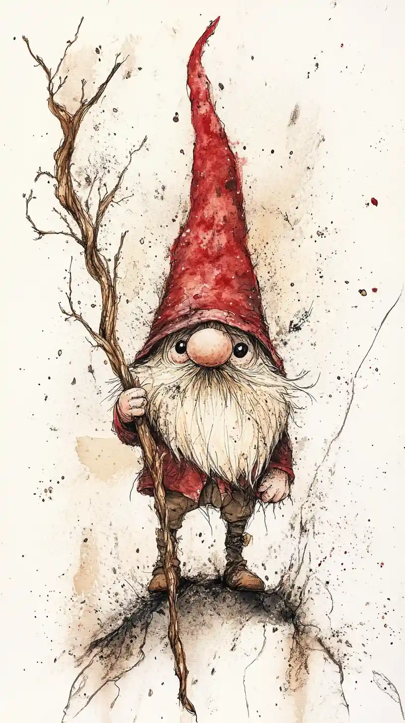 Verspielter Gnom mit lebendigem Zweigstabs in Aquarell und Tinte