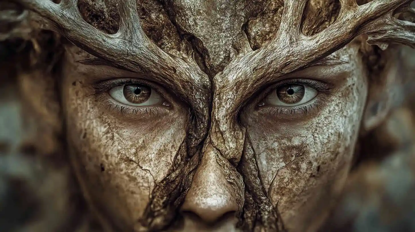 Symmetrical face merging human and mythic being portrait