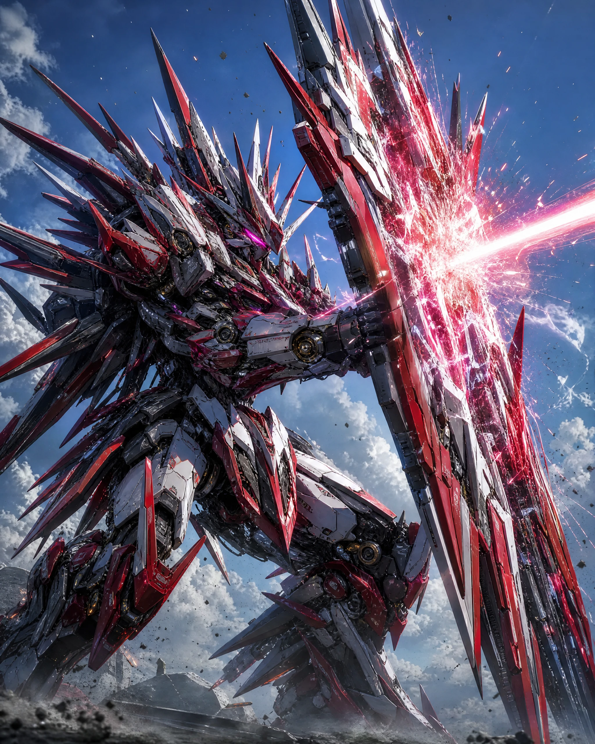 Massive spiked mecha blocking a blazing energy beam