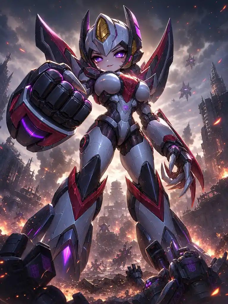 Chibi sci fi woman robot on a ruined battlefield
