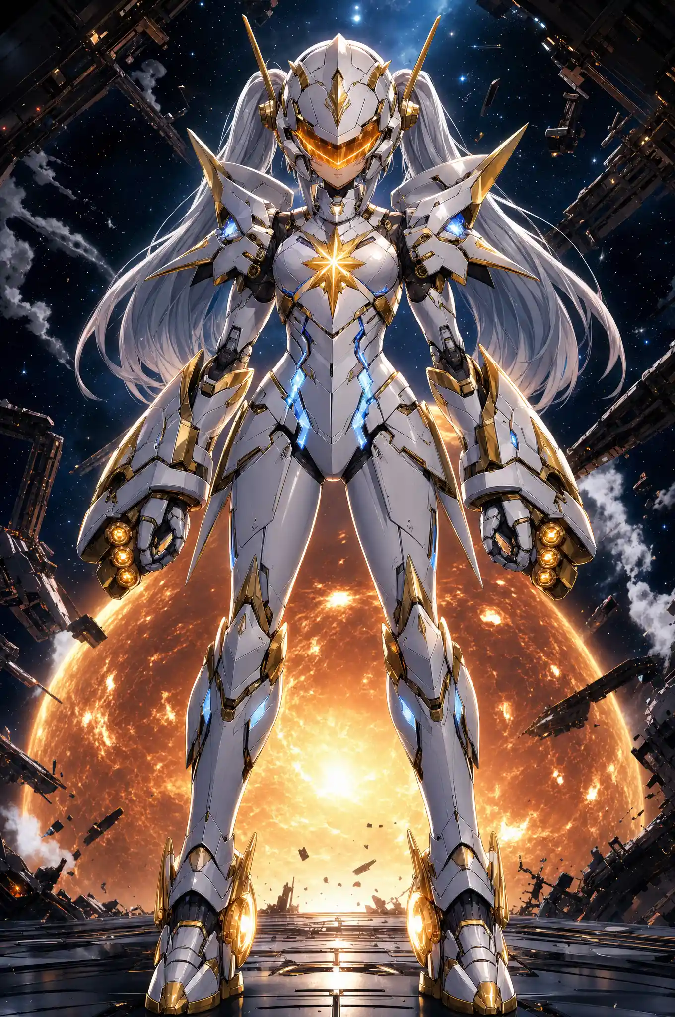 Armored anime girl standing in space before a burning star