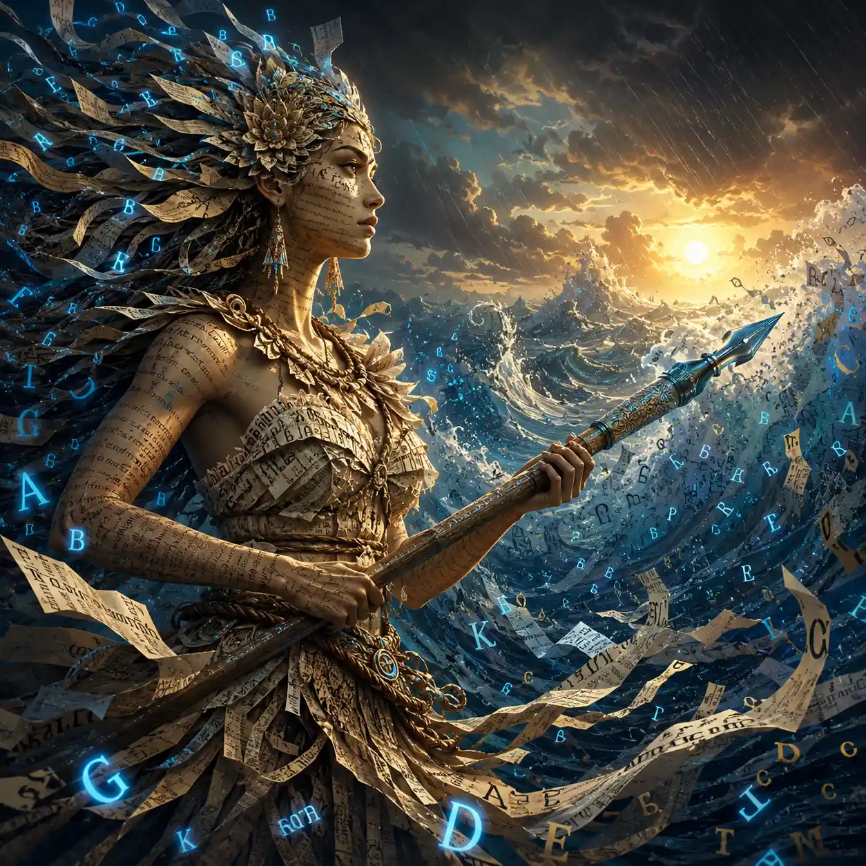 Goddess of stories calming a raging ocean of words