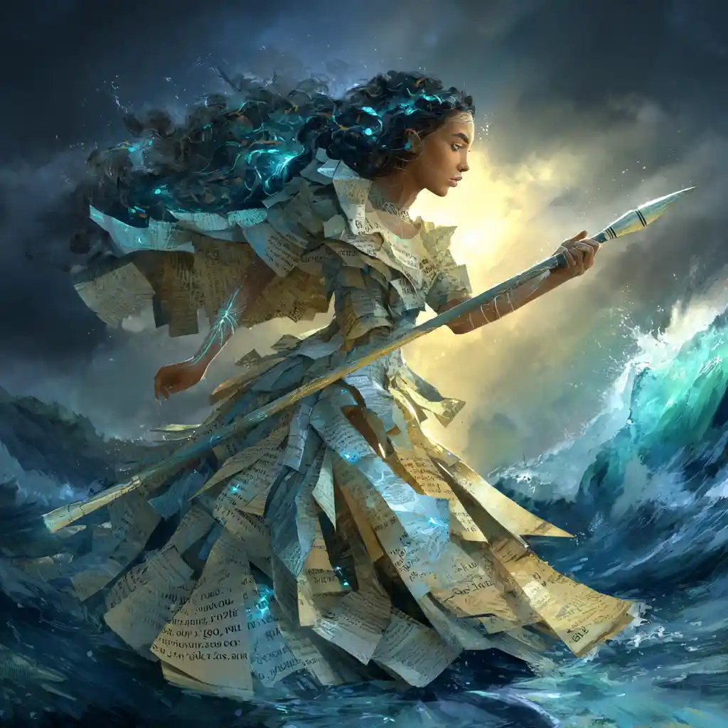 Ocean goddess of stories calming a raging sea of words