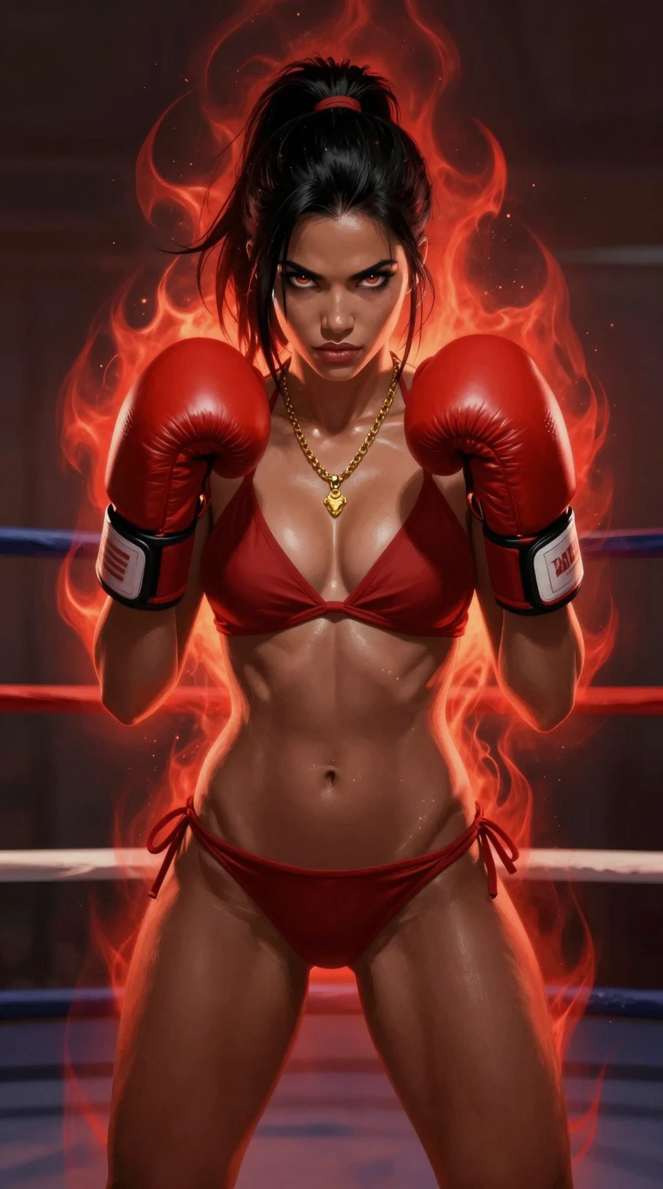 Pugile donna fantasy che brilla di un’aura rossa sul ring