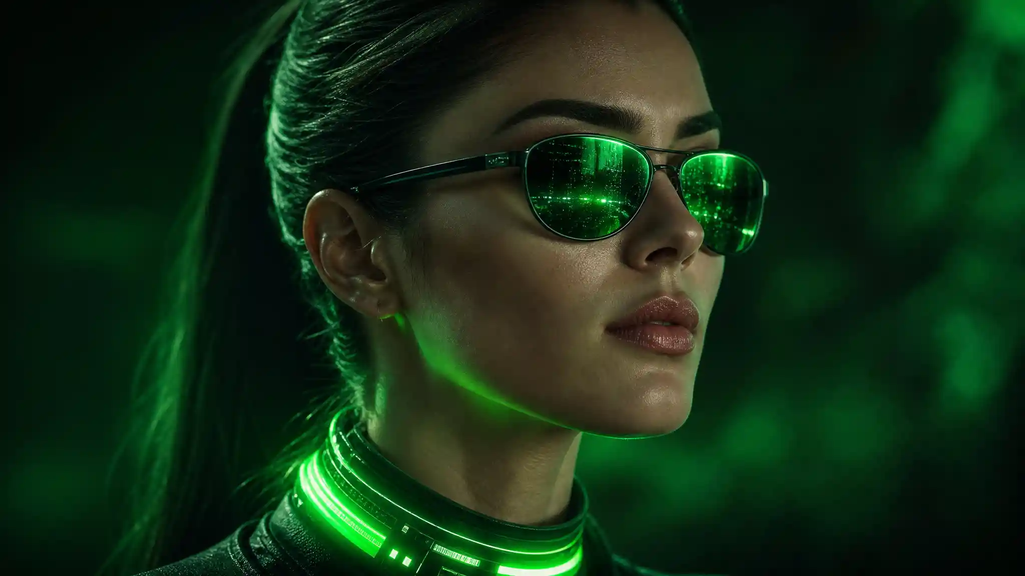 Woman in neon green sunglasses with futuristic emerald glow