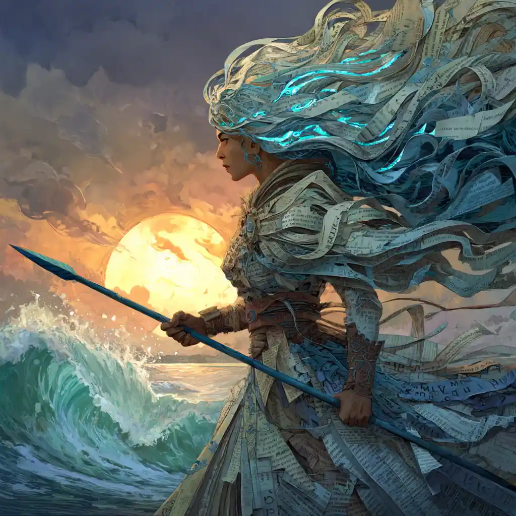 Fantasy goddess calming a stormy ocean of stories