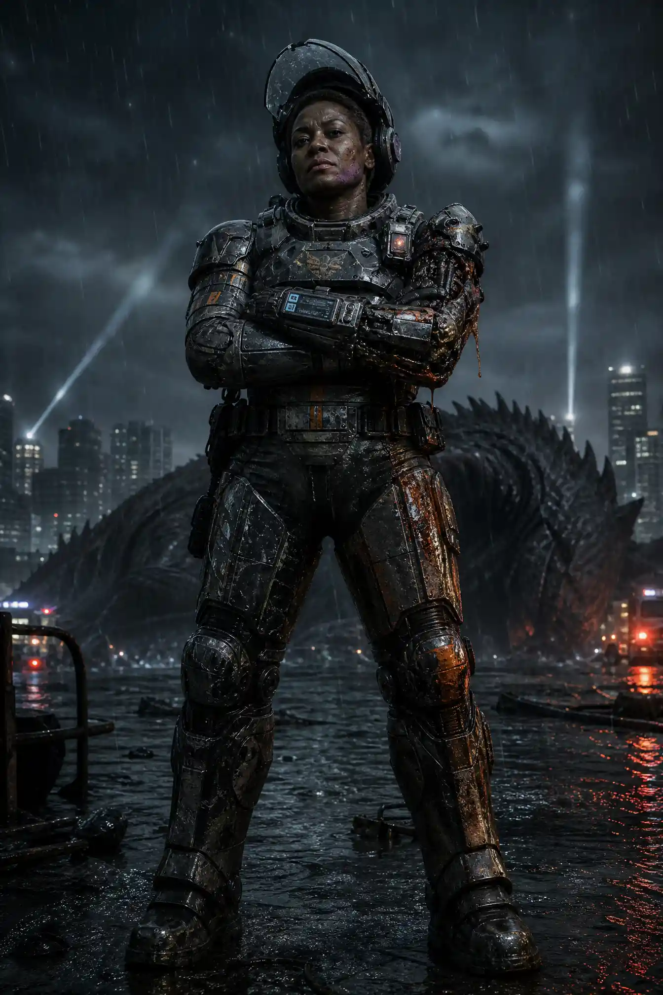Battle hardened mech pilot standing in flooded harbor