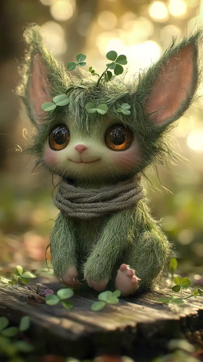 Whimsical forest creature portrait with golden bokeh