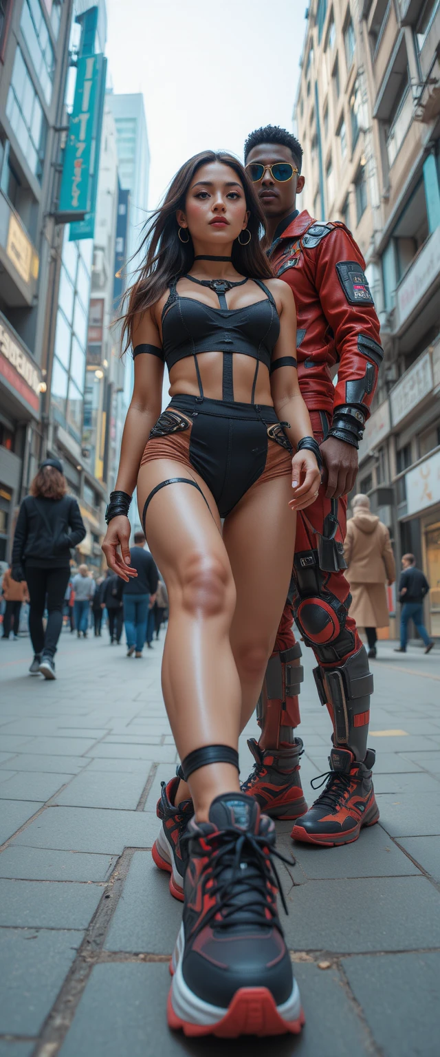Low angle fashion portrait of woman in sporty urban outfit